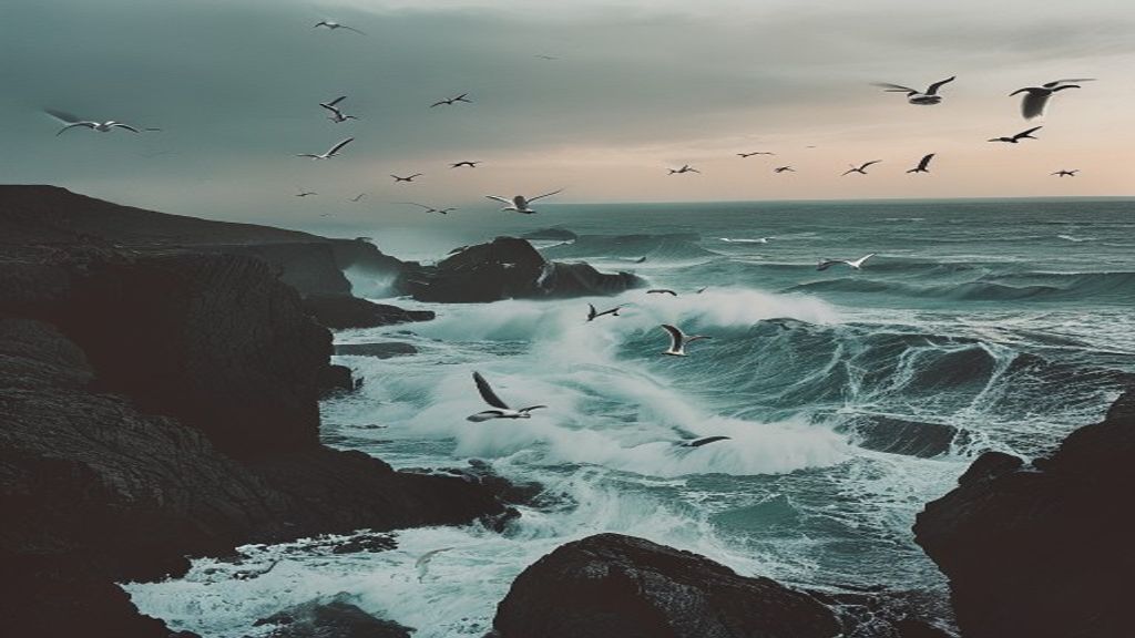 Rocky New Zealand coastline with waves crashing against dark volcanic rocks and seagulls overhead