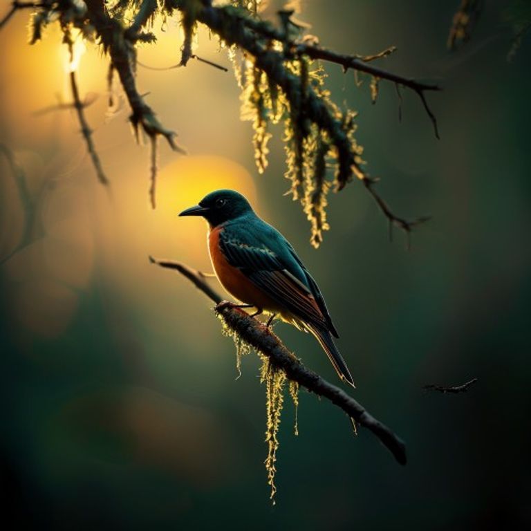 Native birds perched on a hanging branch in golden light