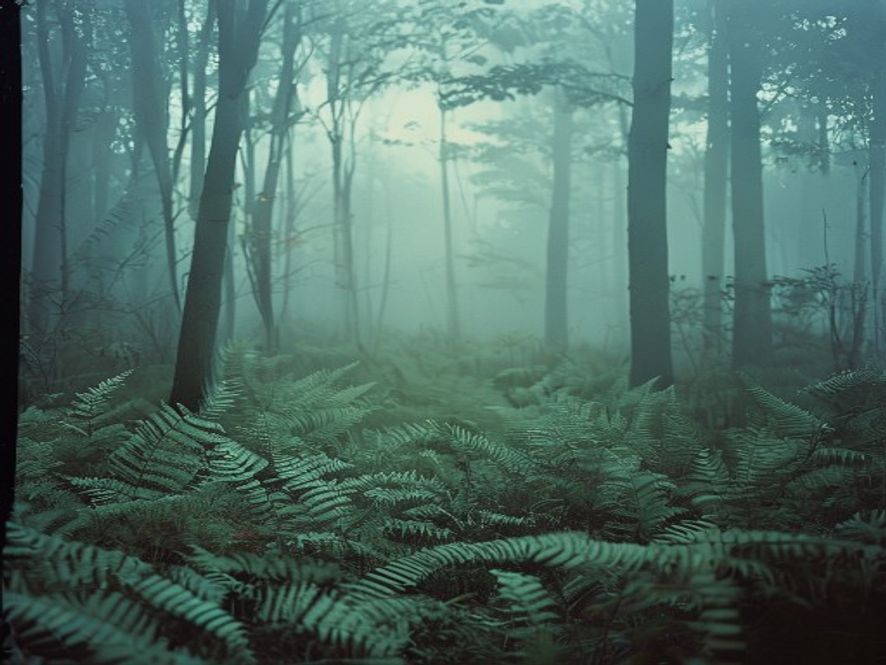 Misty morning in native beech forest with ferns at ground level